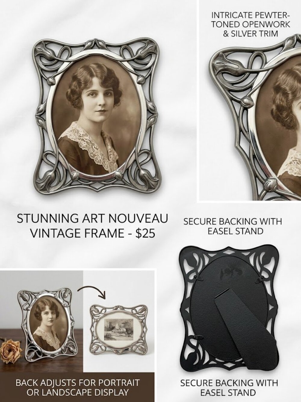 Vintage Style Art Nouveau Floral Frame – Silver Tone Metal Oval Photo Frame